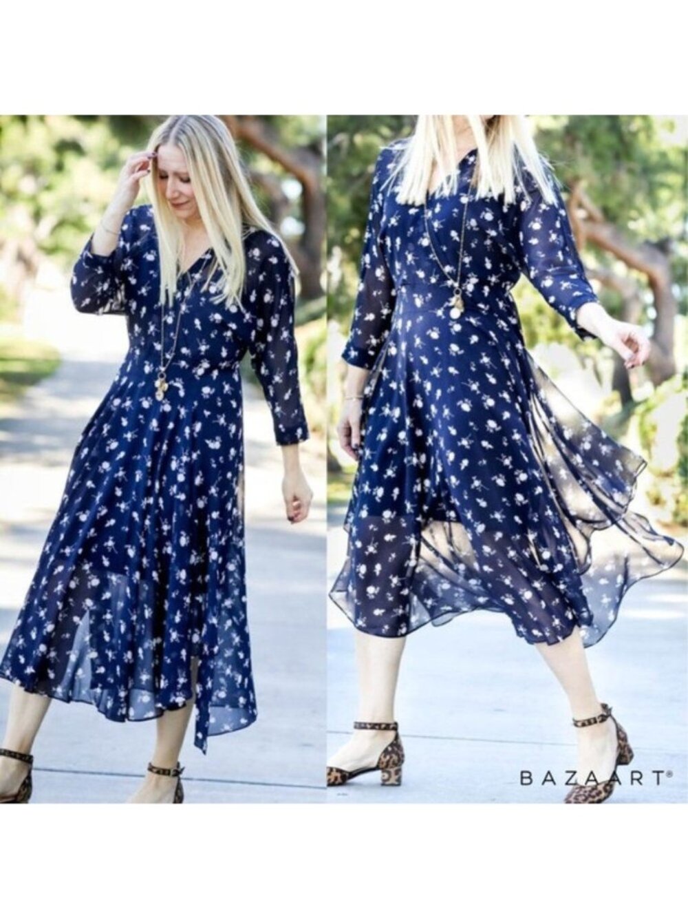 Cabi 5575 Pemberley Dream Dress Navy Floral Print Asymmetrical Midi Wrap Dress